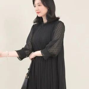 애비뉴투지 엄마옷 도트 쉬폰 시스루 플리츠 봄 여름 칠부 롱 원피스 K05431