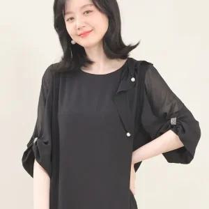 애비뉴투지 엄마옷 어깨 드레이프 진주 쉬폰 퍼프 칠부 정장 원피스 K05429