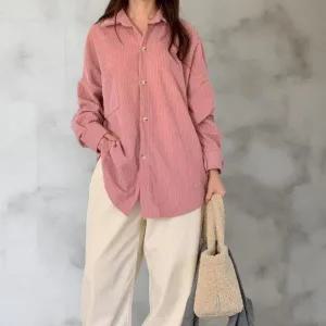 [다잇템] 여성 빅사이즈 힙커버 주머니 남방 핑크색 코듀로이 블라우스_23909360_588872