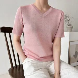 베이직 여성 V넥 레귤러핏 데일리 반팔 니트 티셔츠 21DS-WKN-3409-화이트