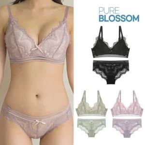 [퓨어블라썸] 노와이어 푸쉬업 볼륨 로맨틱 레이스 브라+팬티 세트