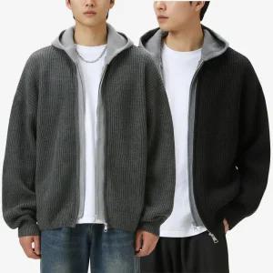 [아이에스이랩]남자 겨울 레이어드 오버핏 니트 후드집업 I4NT029