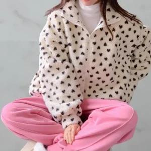여성 사랑스러운 하트 무늬 퍼 하이넥 겨울 양털 재킷