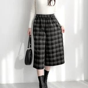 여자 링벨트 8부 와이드핏 체크팬츠 FW 고무줄 바지