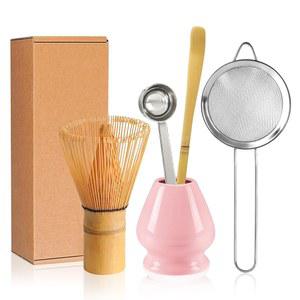 YIBO 말차 거품기 세트 핑크, 만들기 키트 대나무 거품기(차센), 세라믹 홀더 스탠드, 체, 식 선물용 일본 차 도구 특종