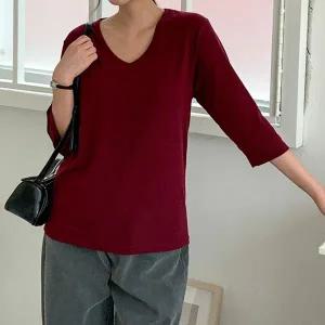 브이넥 무지 빅사이즈 8부 가을 티셔츠 여성티셔츠 간절기템 슬림핏