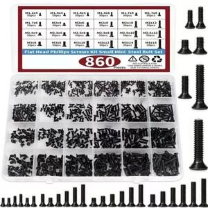 860개 소형 컴퓨터 나사 모음 키트 검정색 미니 소형 호환 소형 안경 M1.2 M2 M2.5 M3 PC 및 노트북 SSD 하