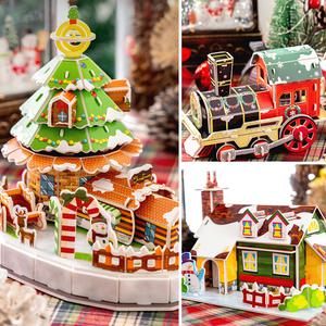 [오피스스쿨] 민화샵 폼보드 3D 크리스마스 입체퍼즐 종이모형 만들기 3중택1 DIY 모형집 기차 상점 집