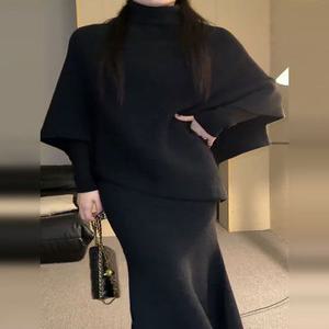 케이프 니트 스웨터 스커트 세트 여성 롱 치마 목폴라 플레어 여성용 드레스 투피스 울 슬림