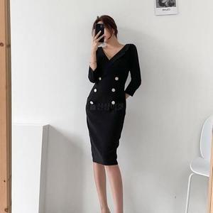 여자 V넥 홀복 타이트 슬림핏 긴팔 원피스_3