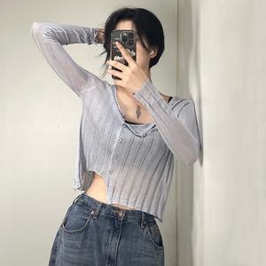 여성 언발 시스루 사선 단추 가디건 티셔츠 3color 여자 트임 세미 크롭 루즈핏 얇은 긴팔 여름 니트