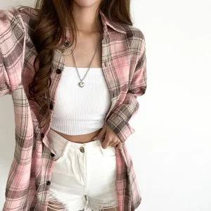 [하프클럽/]오버핏 핑크 딸기 체크 가을 셔츠 to-2374d