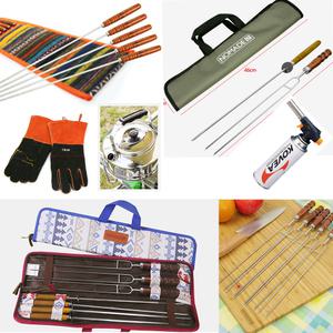 캠핑 꼬치구이세트 모음 원목 2열 스텐 바베큐 화로대장갑 BBQ 송풍기 치킨로스터 꼬지 여행용품