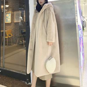 여성 겨울 따뜻한 인조밍크 후드 퍼 캐주얼 롱코트