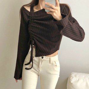 [옷자락]여자 골지니트 언발 오프숄더 셔링 크롭 긴팔 티셔츠