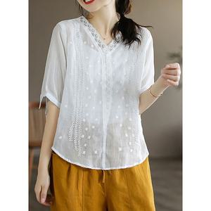 여성 여름 브이넥 레이스 자수 포인트 반팔 블라우스
