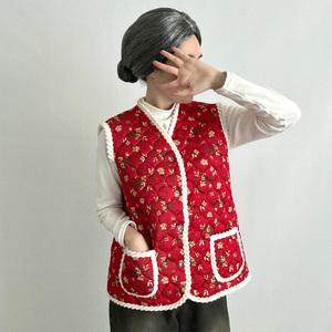 디아브 촌캉스 벨벳 양털 할머니 꽃무늬 누빔 조끼