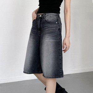 [옷자락]여자 블랙진 워싱 와이드 버뮤다 5부 논스판 청반바지_P365354146