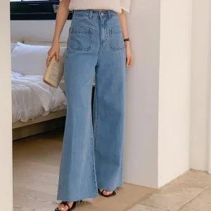 [옷자락]여자 컷팅 플레어진 앞포켓 하이웨스트 와이드 청바지_P387406069