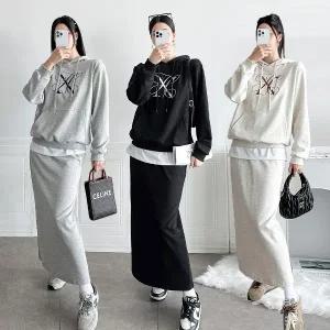 여성 88까지 면 레이어드 레터링 후드티 H라인 롱 스커트 세트 꾸안꾸 투피스 셋업 -WSST0101- 봄 가을
