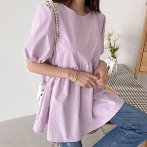 [하프클럽/]베이비돌 블라우스 퍼프 소매 셔링 반팔 티  빅사이즈 티셔츠