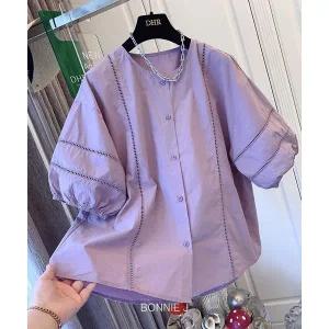 [하프클럽/]라운드 펀칭 블라우스 퍼프 반소매 3color 화이트 블루 퍼플 여름