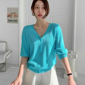 여자 봄 하늘색 브이넥 단추 8부 여름 가디건_3