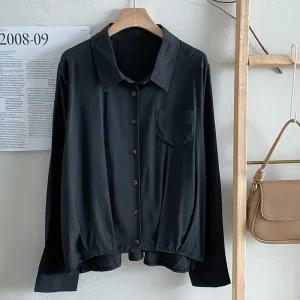 여성 카라넥 포켓 자수 언발 긴팔 셔츠 블라우스 BONG-WBL-4712-블랙