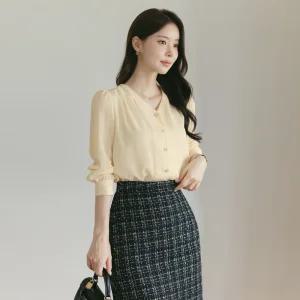 [시크라인] (~XXL까지) 로미안 핀턱 퍼프소매 블라우스 가을 하객룩 오피스룩 모임룩 격식룩 빅사이즈