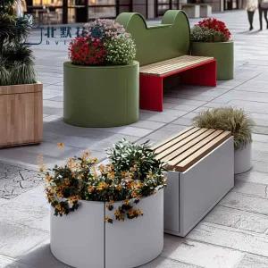 북유럽 조경 야외 벤치 의자 등받이 원목 철제 평의자 플랜트박스 정원 수목원 테마파크