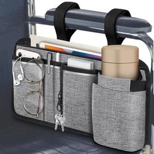 컵 홀더가 있는 핀팩 휠체어 사이드 수납 가방, 펜 슬롯이 팔걸이 액세서리 파우치, 파워 워커, 롤레이터, 시니어용 반사 스트립 - 그레이