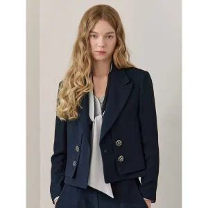 [하프클럽/]엠블럼 버튼 이중 레이어드 크롭 자켓