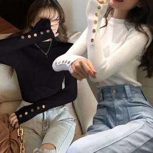 골지 긴팔 라운드넥 니트티 소매단추 반폴라 봄 가을 하객룩 금장단추 기모 정장 이너티