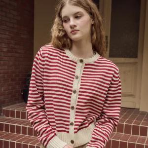 스트라이프 크롭 가디건 레드