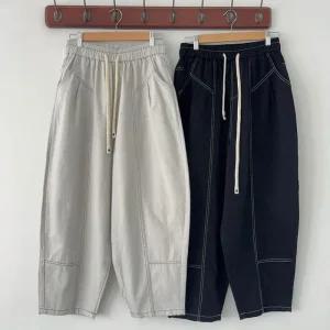 여성 스티치 와이드 배기팬츠 끈밴딩 코튼바지