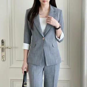 여자 봄 그레이 베이지 정장룩 스판 원버튼 자켓_4