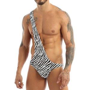 비보이묘비 남성 원숄더 바디수트 얼룩말 스트라이프 프린트 맨키니 수영복 속옷 서스펜더 통스 블랙 원 사이즈