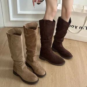 더구두 둥근코 스웨이드 주름 셔링 웨스턴 통굽 롱부츠(4cm)-2584