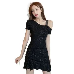 오프숄더반짝이원피스 라인댄스복 라틴댄스복 블랙 방송댄스복