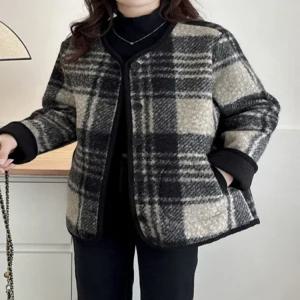 하프 코트 여성 가을 겨울 체크 부클 라운드넥 빅사이즈