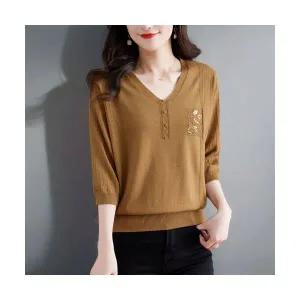 여성 러블리 니트 라운드넥 여름 엄마옷 시크 브이넥 칠부 루즈핏 빅사이즈 봄가을 반팔 얇은 티 셔츠 다