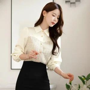 [시크라인] (~XXL까지) 테니제 카라 배색 트위드 새틴 블라우스 가을 겨울 하객룩 오피스룩 모임룩 격식룩 빅사이즈