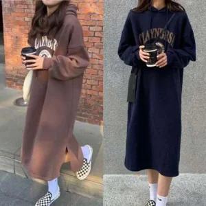겨울 데일리 캐주얼 기모 루즈핏 후드 롱 원피스