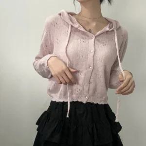 여성 파스텔 색감 펀칭 후드 니트 티 가디건 [3color 핑크 크림 그레이 세미크롭 버튼 봄 가을 겨울 긴팔]