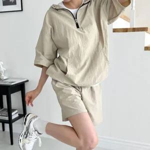 여자 1P 반바지 세트 조거 반집업 후드 데일리룩 반팔