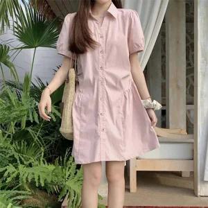 [피커]루즈핏 기본 카라 셔츠 셔링 원피스
