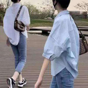 [피커]블라우스 언발 루즈핏 여자롱셔츠 반팔 오버핏 셔츠