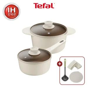 [테팔] 세라믹 인덕션 주물 아이콘 오트밀크 냄비2종(편수18+양수18)+실리콘 손잡이+냄비받침+에센셜국자