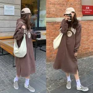 봄 겨울 루즈핏 기모 후드 롱원피스 레터링 하단트임