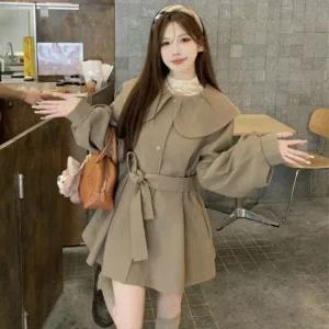 [다잇템] 여자 둥근카라넥 트렌치 쁘띠 귀여운 면원단 코트_23483793_588872